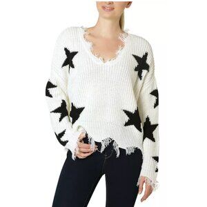 Distressed Star Knit Sweater Cream Black Fringe Hem Grunge Pullover Boxy Medium